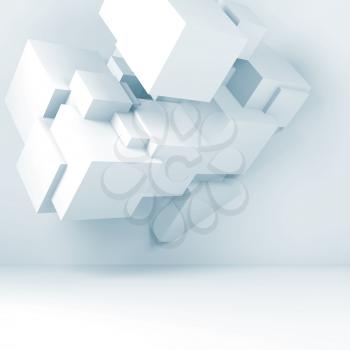 Wall installation of random cubes structure in empty room interior. Abstract white digital background. 3d render illustration