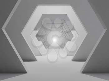 Abstract white interior background, corridor with hexagonal design elements, front view. 3d render illustration