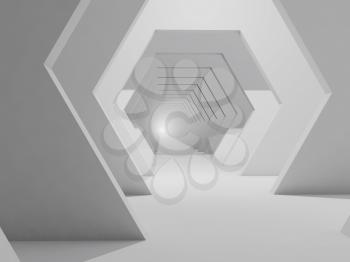 Abstract white interior background, corridor with hexagonal elements. 3d render illustration