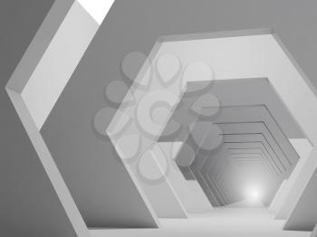 Abstract white interior background, corridor with glowing end end hexagonal design elements. 3d render illustration