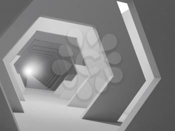 Abstract digital interior background, corridor with hexagonal design elements. 3d render illustration
