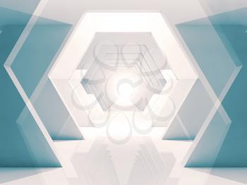 Abstract digital background with tunnel of overlapping hexagonal design elements. Double exposure 3d render illustration