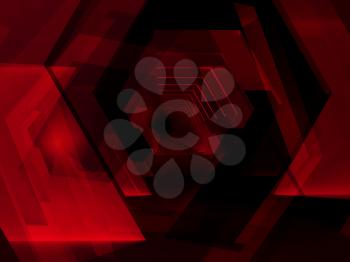 Abstract dark digital background with red low poly design elements over black. Double exposure 3d render illustration