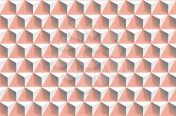 Abstract geometric pattern, white pyramids array over pink wall, 3d render illustration