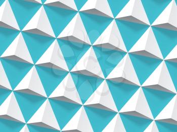 Abstract geometric pattern, white pyramids array over blue wall, 3d render illustration