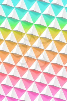 Abstract geometric pattern, white pyramids over colorful wall, 3d render illustration