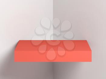 Red shelf in white corner, geometric installation on wall. Abstract digital background. 3d render illustration