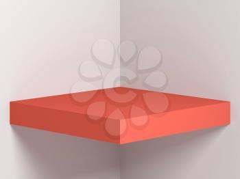 Abstract digital background with red shelf in white corner, geometric installation on wall. 3d render illustration