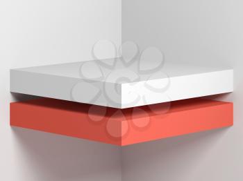 Abstract digital background with red white shelf, geometric installation on wall. 3d render illustration