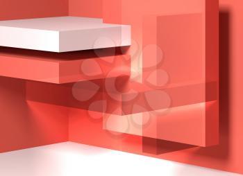 Abstract red white digital background with geometric shapes, double exposure effect. 3d render illustration
