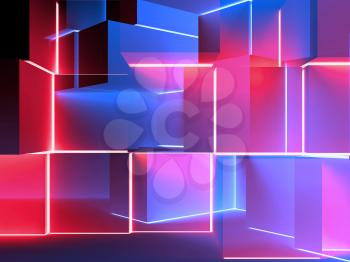 Abstract colorful background with glowing cubes installation. 3d illustration