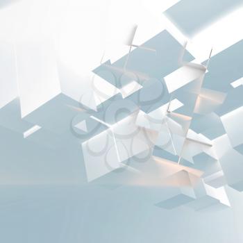 Abstract blue white background with random extruded glowing cubes installation. 3d illustration