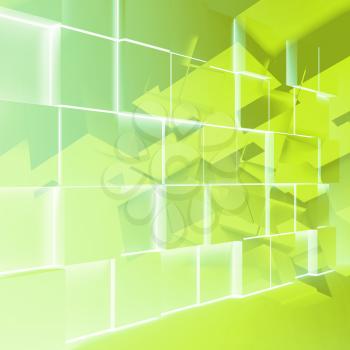 Abstract yellow green background with random glowing cubes pattern. 3d render illustration
