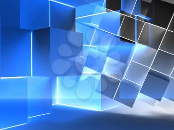 Abstract blue background with glowing extruded cubes installation. 3d render illustration