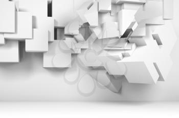 Abstract white digital background with intersected cubes installation. 3d render illustration