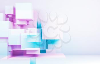 Abstract digital background with colorful random sized cubes installation. Double exposure effect, 3d render illustration