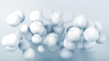 Group of white abstract flying spheres. Digital background, blue toned 3d render illustration