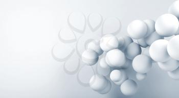 Cloud of white abstract flying spheres. Digital background, blue toned 3d render illustration
