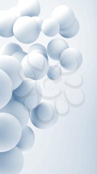 Cloud of flying abstract white spheres. Digital graphic, vertical background, 3d render illustration