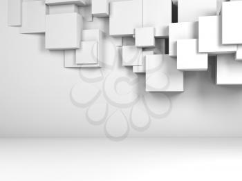 Abstract white background with installation of squares on the wall of empty interior, 3d render illustration
