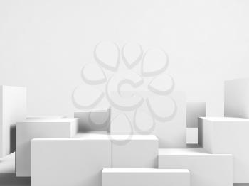 Abstract white background with copy space over installation of random cubes, 3d render illustration