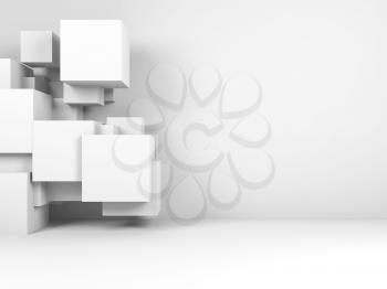 Abstract white digital background with copy space. Random geometric structure of cubes in empty interior. 3d render illustration
