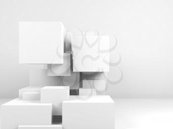 Abstract background with white random structure of cubes in empty interior. 3d render illustration
