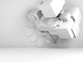 Installation of random cubes structure in empty room interior. Abstract white digital background. 3d illustration