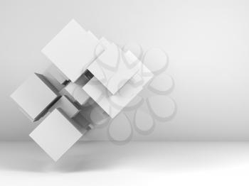 Abstract white background with random structure of cubes in empty interior. 3d render illustration