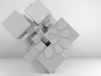 Abstract white background with  installation of cubes in empty interior. 3d render