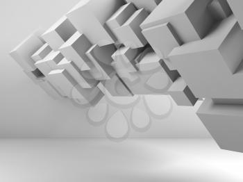 Abstract digital background with  flying cubes installation in empty white room interior. 3d render illustration