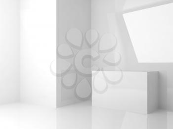 Abstract white interior background, room with shiny walls and cubes installation, 3d render illustration