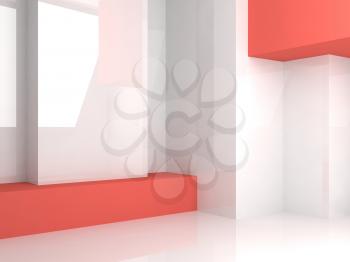Abstract interior background, an empty white room with red geometric installation, 3d render illustration