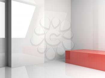 Abstract interior background, an empty room with red installation, 3d render illustration