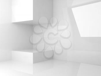 Abstract white interior background, room with shiny walls and corner installation, 3d render illustration
