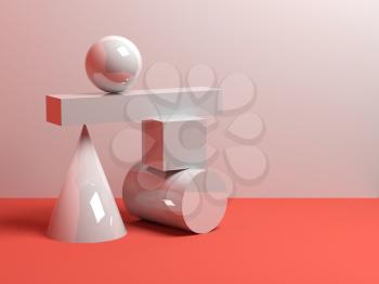 Abstract equilibrium concept, installation of glossy white primitive geometric shapes. 3d render illustration