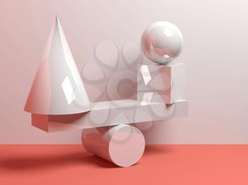 Abstract equilibrium installation of balancing glossy white primitive geometric shapes. 3d render illustration