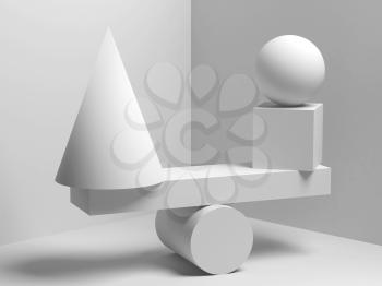 Abstract equilibrium installation of balancing white geometric shapes. 3d render illustration