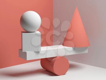 Abstract equilibrium installation of balancing red and white primitive geometric shapes. 3d render illustration