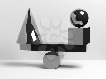 Abstract equilibrium installation of balancing glossy black geometric shapes. 3d render illustration