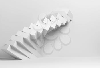 Abstract geometric architectural background, white parametric spiral installation of boxes on the wall, 3d render illustration 