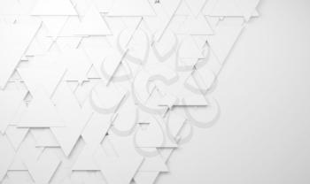 Abstract white background with random triangles tiling pattern on front wall, 3d render illustration
