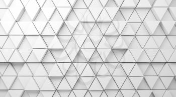 Abstract white digital background with mosaic triangles pattern on front wall, 3d render illustration
