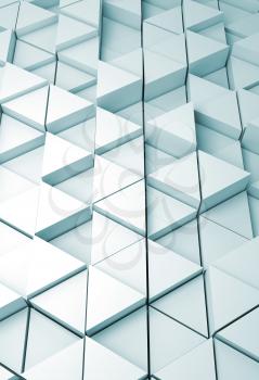 Abstract vertical background pattern with regular extruded triangles pattern on wall, blue toned 3d render illustration

