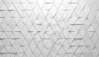 Abstract white wall background with triangles tiling pattern on front wall, 3d render illustration
