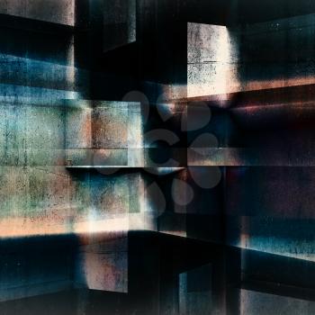 Abstract dark square concrete background pattern with double exposure effect, 3d render illustration