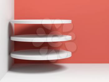 Three flying white cylindrical objects are in empty room corner, 3d render illustration