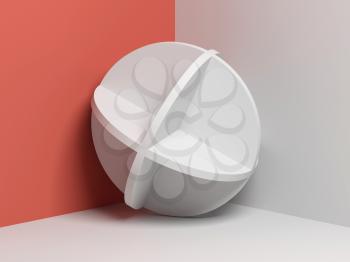 Abstract white compound object stands in a corner of pink white room, 3d render illustration