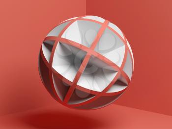 Abstract red white compound spherical object over pink room background, 3d render illustration