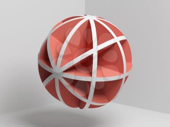 Abstract red white compound spherical object over empty room background, 3d render illustration